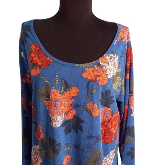 Lularoe XL Tunic Top Floral Print Long Sleeve Blue Pink Tee Shirt Hi-Low Stretch - Picture 2 of 8